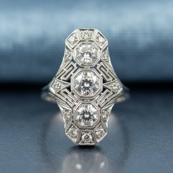 Vintage European Cut Art Deco Antique Silver Ring - Picture 2 of 9